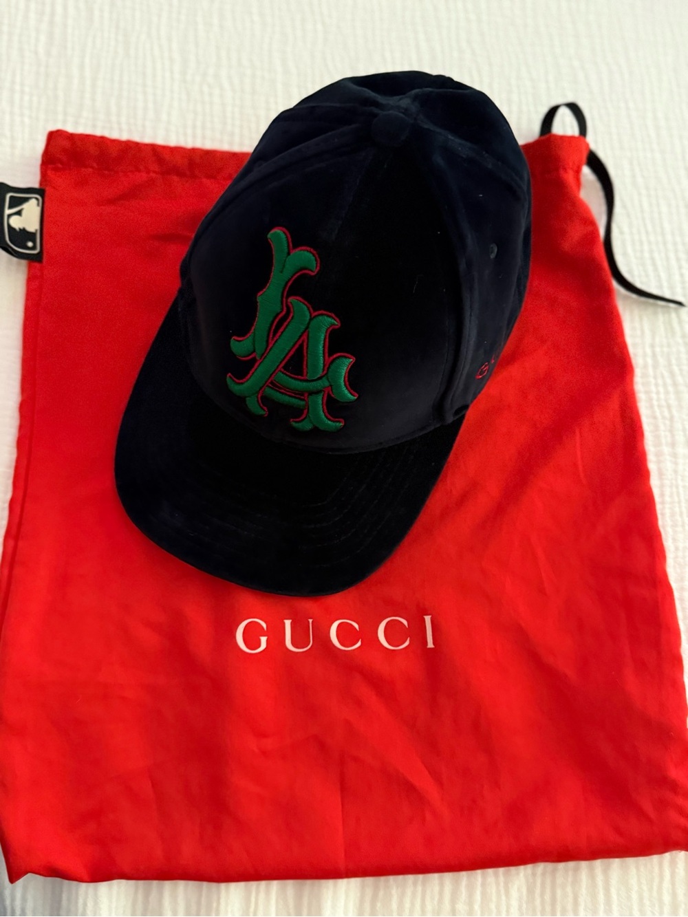 Gucci Black Velvet Baseball Cap with Green LA Logo